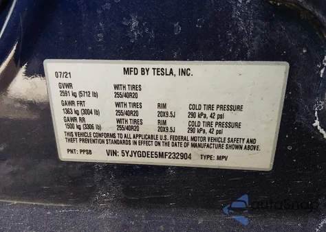 2021 Tesla Model Y Long Range Dual Motor All-Wheel Drive z USA, uszkodzony, nr VIN 5YJYGDEE5MF232904